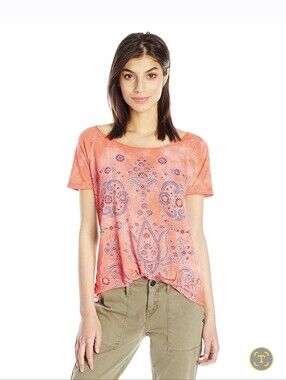 Lucky Brand Orange Paisley Scoop-Neck Short Sleeve Tee